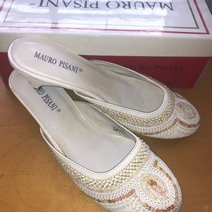 Mauro Pisani White Sequin Slip On Mules